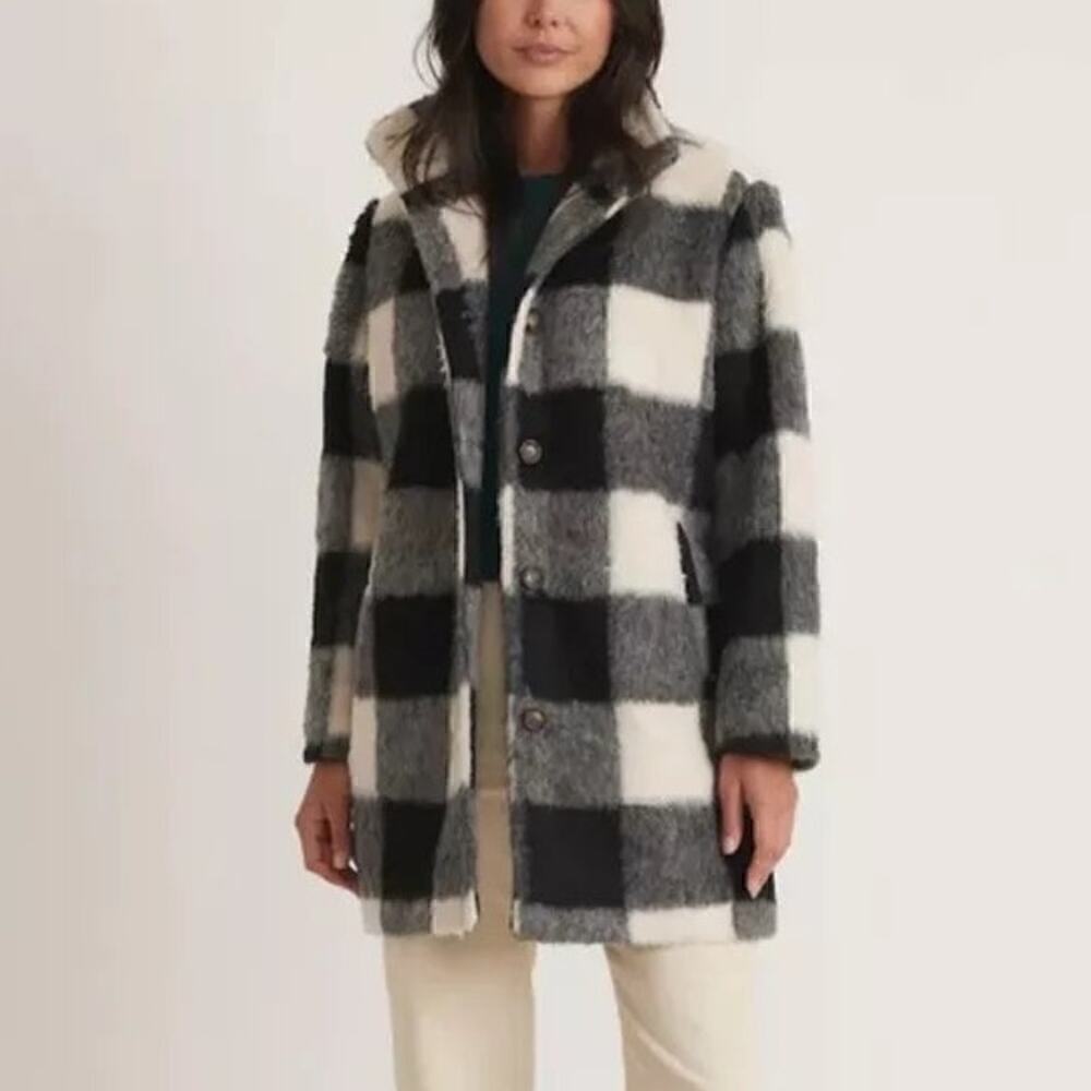 Marine Layer Stephanie Cocoon Coat Wool Blend Black White Buffalo Print NWT XS